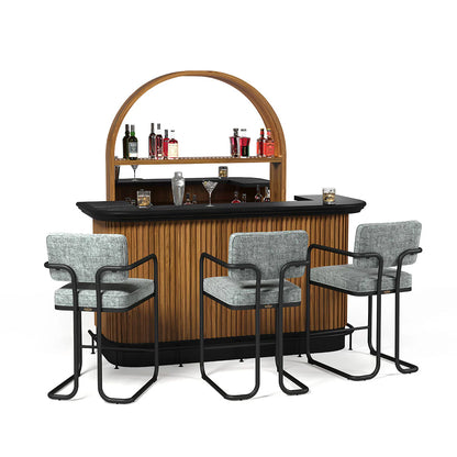 Prohibition 84" Cocktail Bar walnut with grey stools and walnut backbar