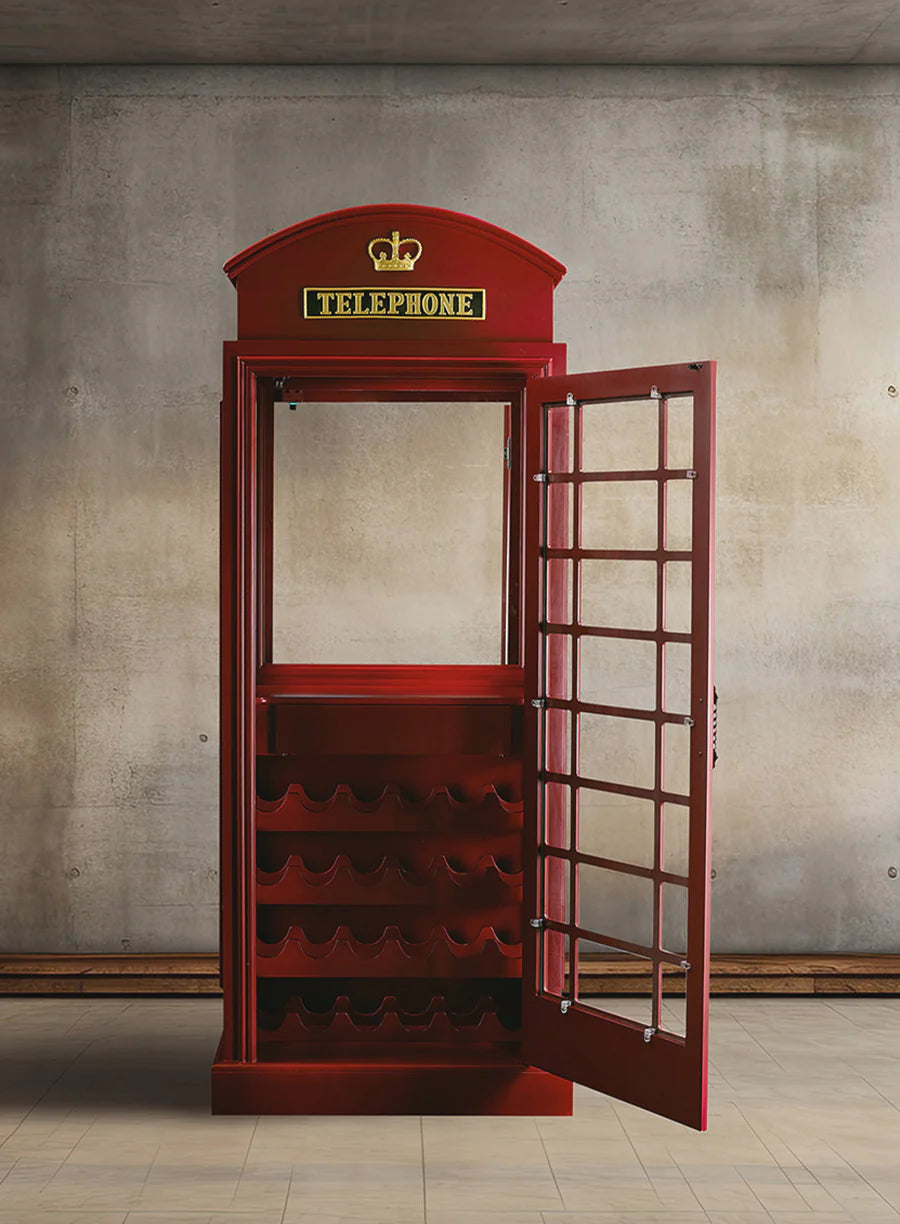 English Phone Booth Bar Cabinet - Red